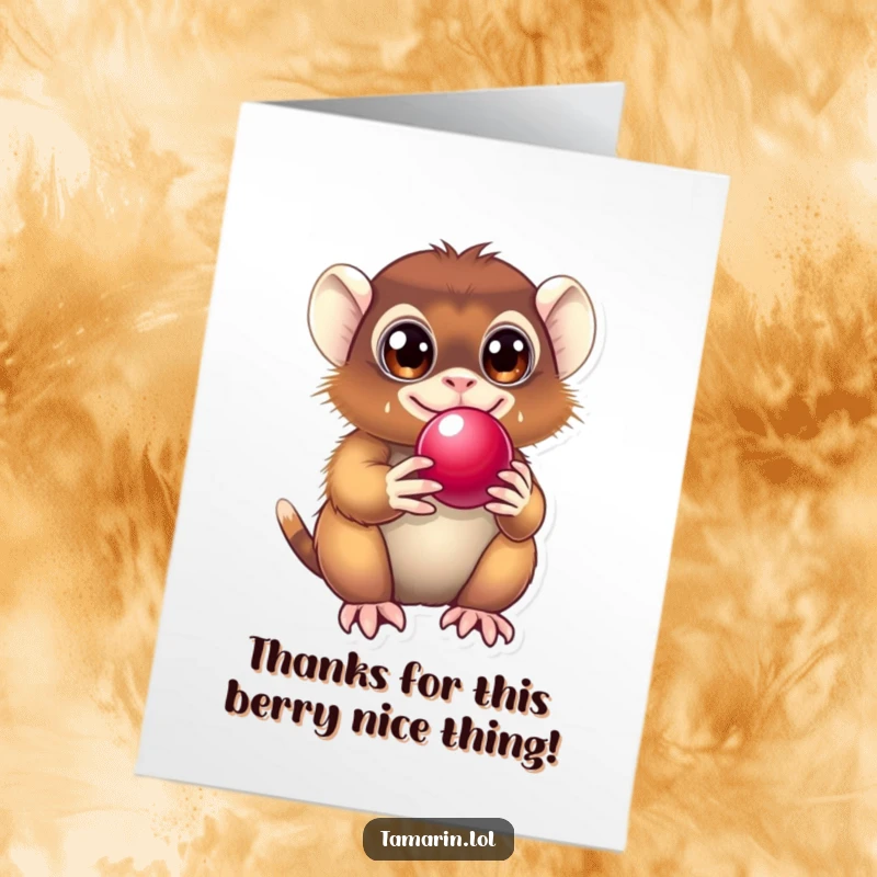 Funny Free Printable Thank You Card: Tamarin joyfully presents a shiny berry as a token of thanks.