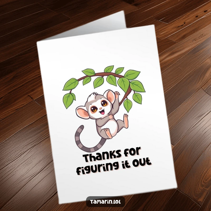 Funny Free Printable Thank You Card: Excited tamarin swinging from a question mark vine, expressing thanks.