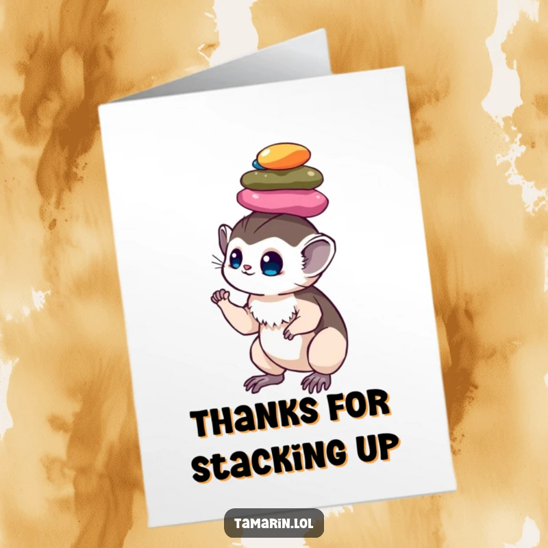 Funny Free Printable Thank You Card: A tamarin with perfect poise balances a tower of bright, shiny pebbles.