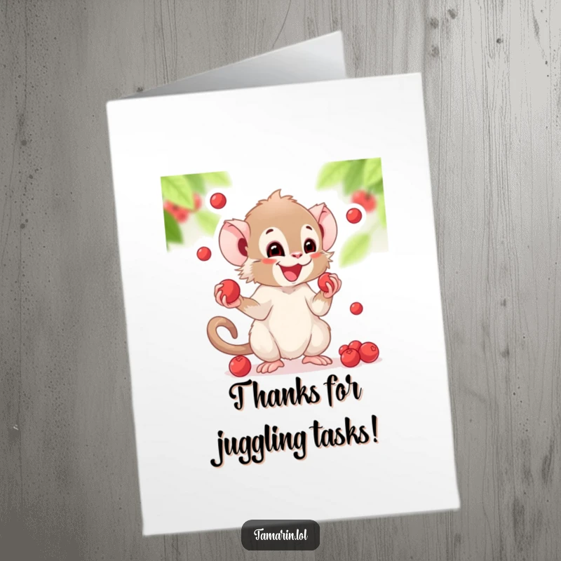 Funny Free Printable Thank You Card with a tamarin juggling berries, its face beaming with happy, thankful glee.