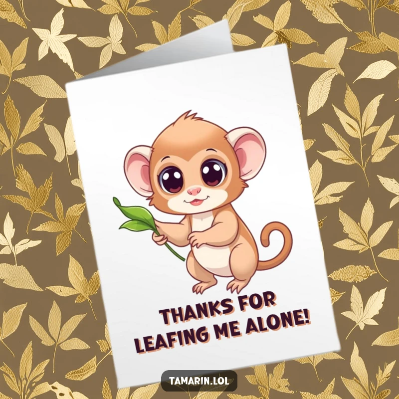 Funny Free Printable Thank You Card with a tamarin, eyes wide, gently reaching for a single, beautiful floating leaf.