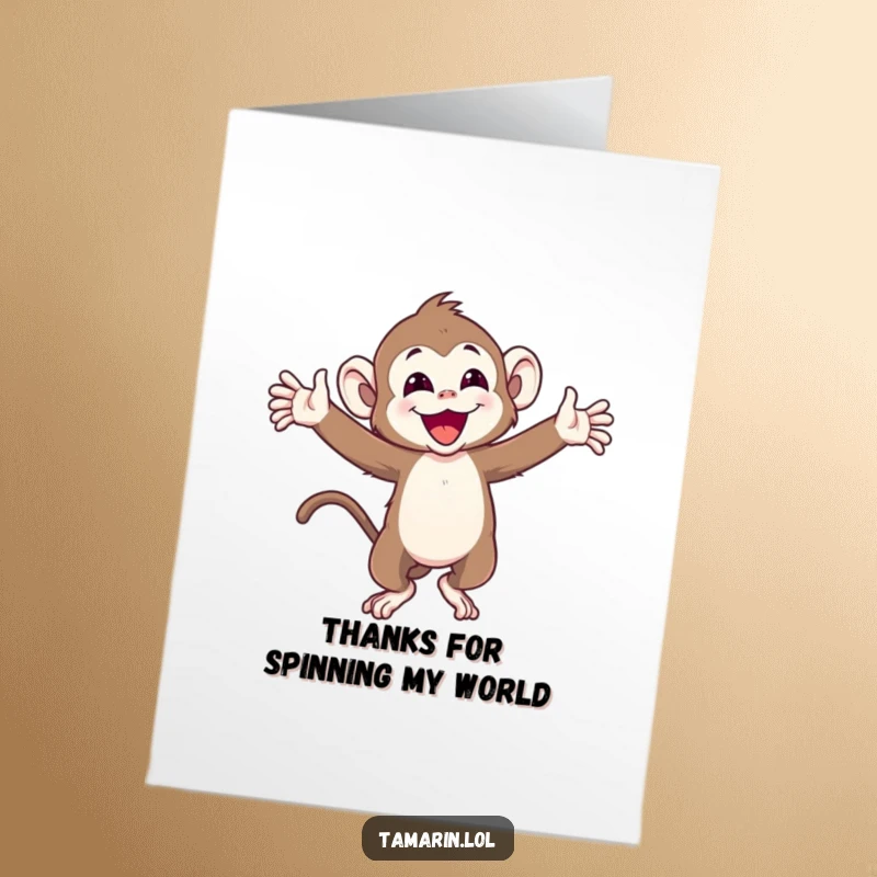 Funny Free Printable Thank You Card featuring a joyful tamarin monkey spinning with arms wide, a fun way to express thanks.