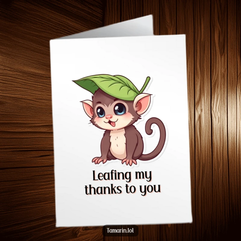 Funny Free Printable Thank You Card: Playful tamarin in a leaf hat, grinning mischievously, a charming thank you.