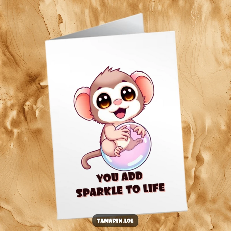 Funny Free Printable Thank You Card: a tamarin with wide eyes trying to balance on a delicate bubble, a unique thank you.