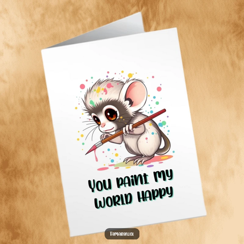Funny Free Printable Thank You Card: a tamarin creating colorful art by splattering paint, a unique expression of thanks.
