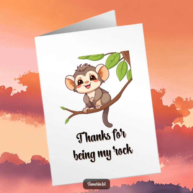 Funny Free Printable Thank You Card: Smiling Tamarin Balancing on Branch