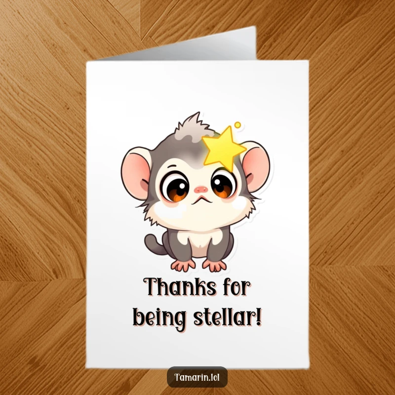 Funny Free Printable Thank You Card featuring a tamarin character captivated by a glowing star, expressing thanks with wonder.