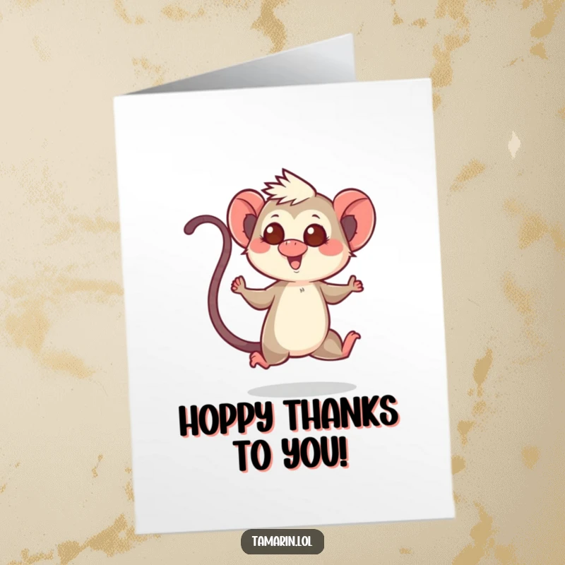 Funny free printable thank you card featuring a tamarin in a joyful hop, tail held high, conveying pure happiness.