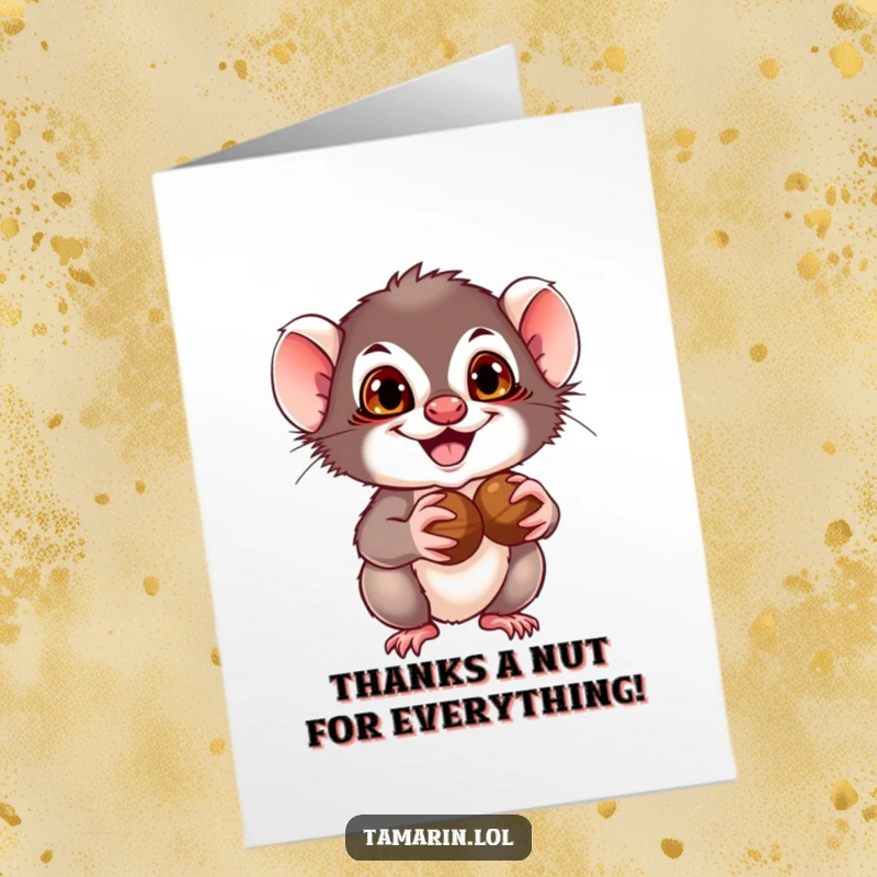 Funny free printable tamarin with a mischievous smile holding nuts, conveying thanks.