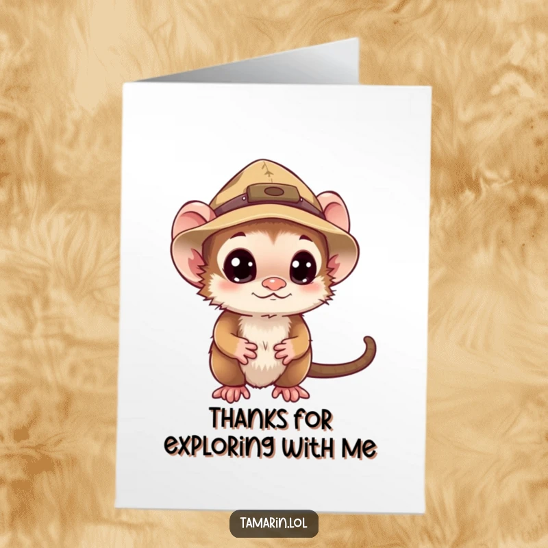 Funny Free Printable Tamarin Thank You Card: A curious tamarin with an explorer hat, seeking new things.