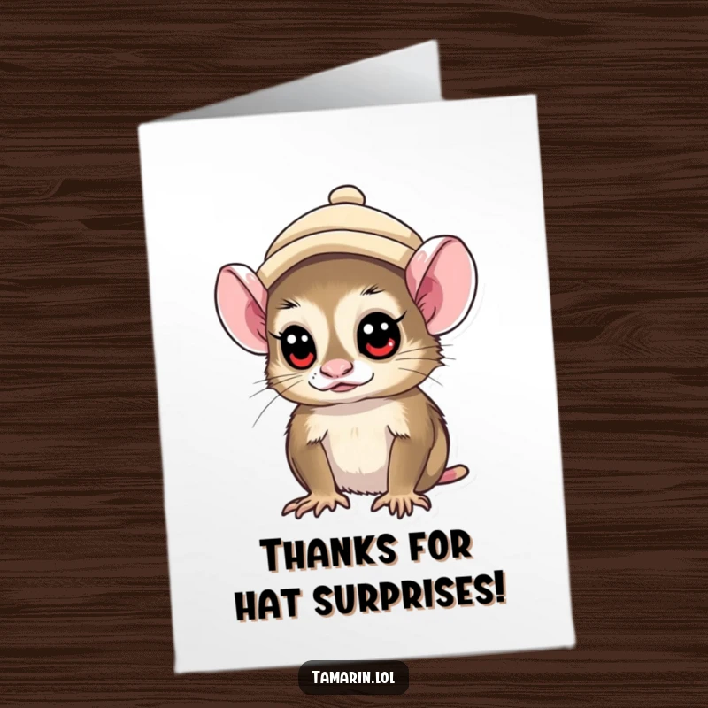 Funny Free Printable Thank You Card: Tamarin wearing a cute hat, looking around with curiosity, saying thanks.
