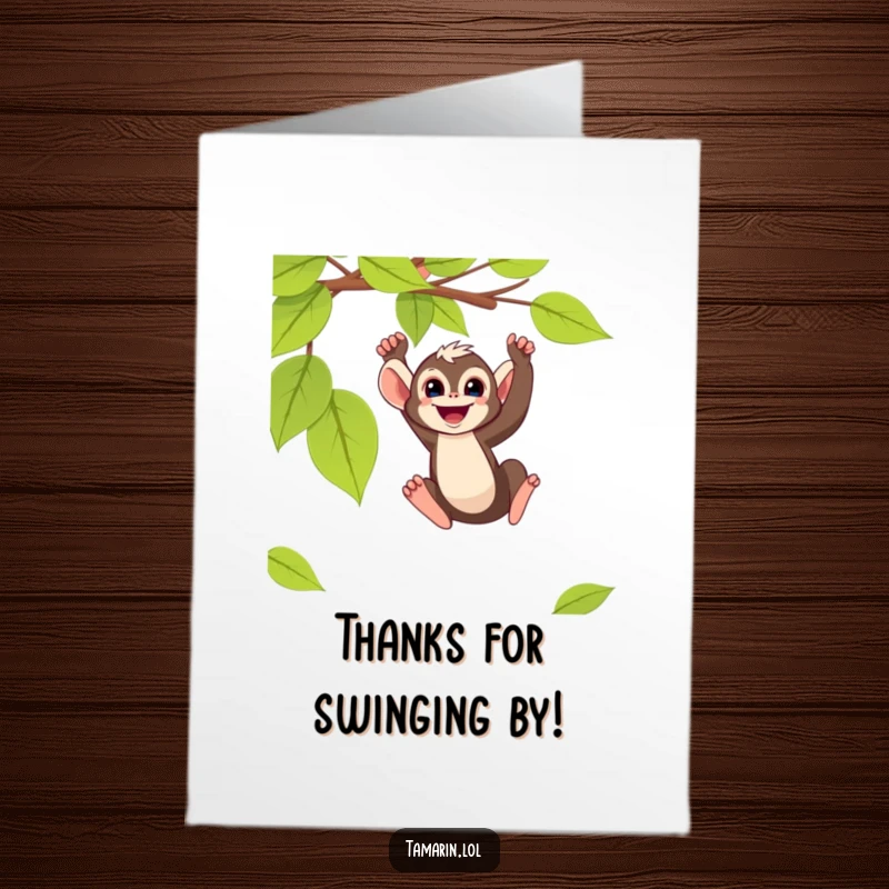 Funny Free Printable Thank You Card: A small tamarin monkey swings from a vine, conveying thanks with glee.