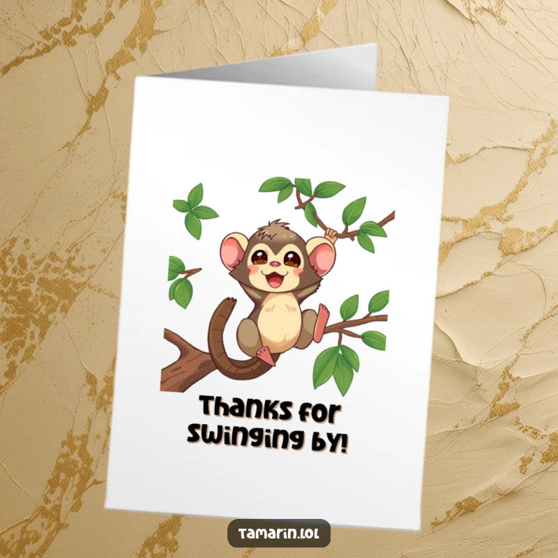 Funny Free Printable Thank You Card: Tamarin monkey swinging energetically on a vine, conveying thanks with a playful, wild spirit.