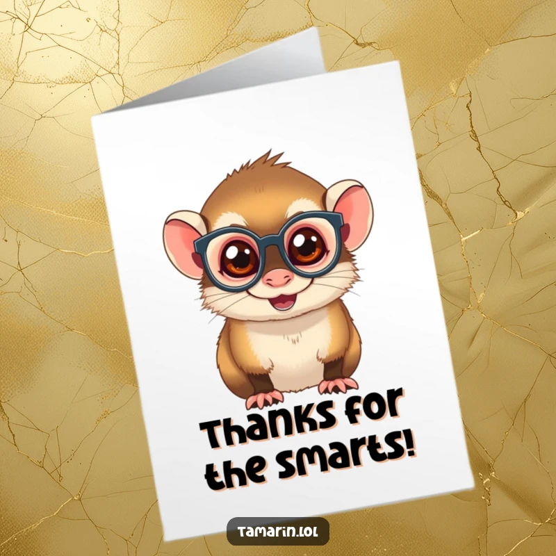 Funny Free Printable Thank You Card: A tamarin with a mischievous grin and spectacles shows thanks with smart style.