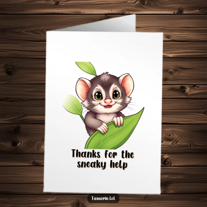 Funny Free Printable Thank You Card featuring a tamarin with a mischievous grin peeking from a leaf, a playful thank you.