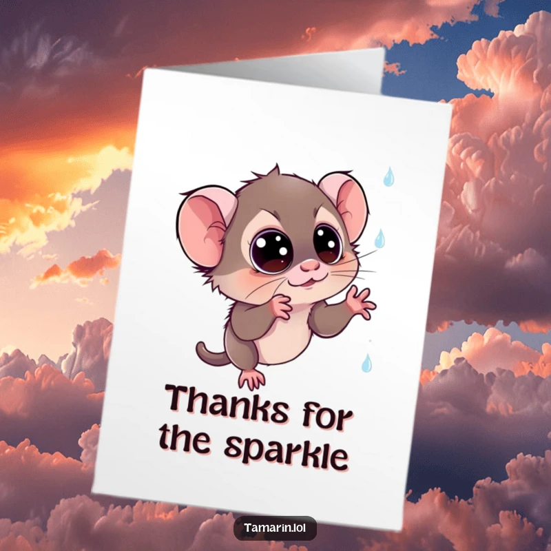Funny Free Printable Thank You Card: A tamarin with astonished eyes tries to catch falling, glittery raindrops.