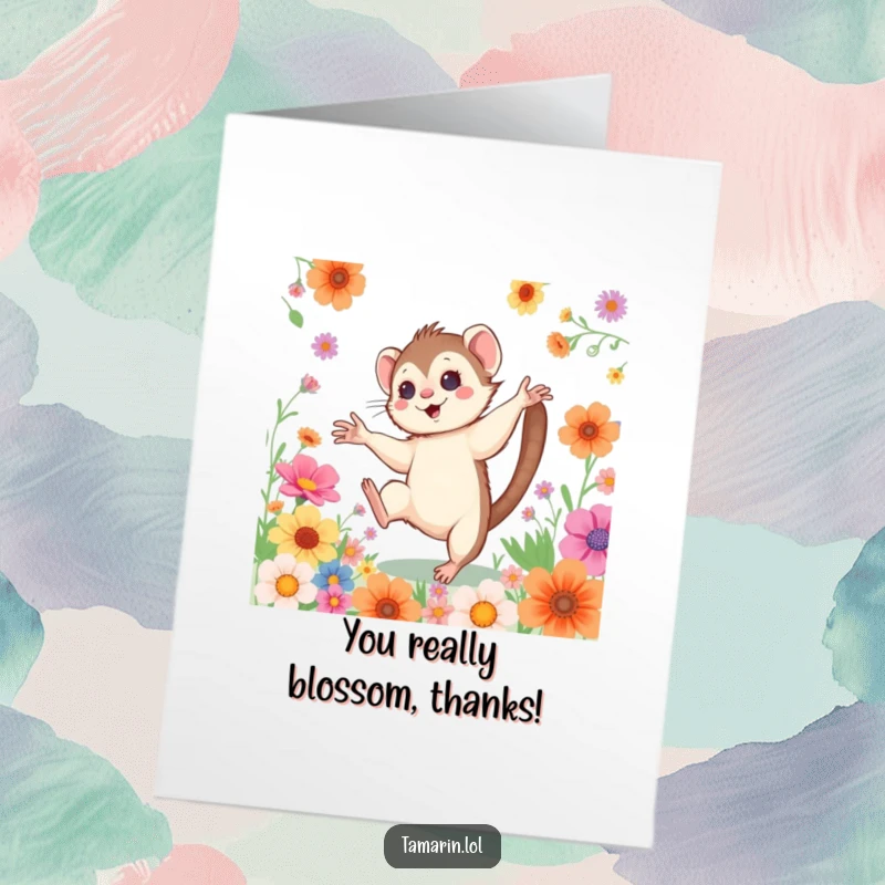 Free Printable Thank You Card: A tamarin with rosy cheeks joyfully does a cartwheel surrounded by a profusion of colorful flowers.