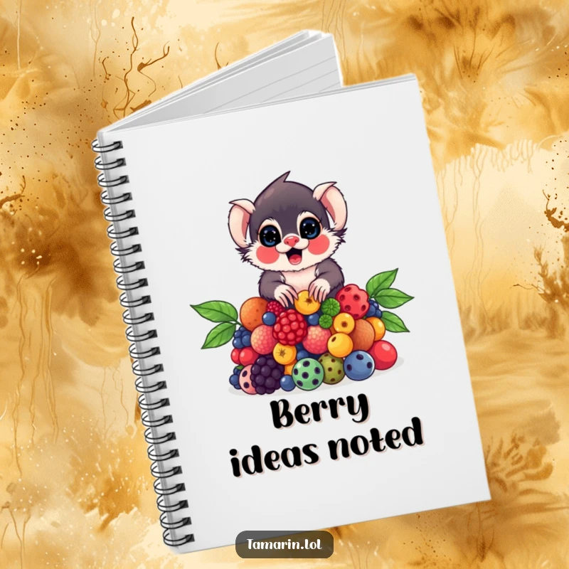 Funny Tamarin Notebook with a tamarin balancing a pile of colorful berries, ideal for jotting down sweet ideas.
