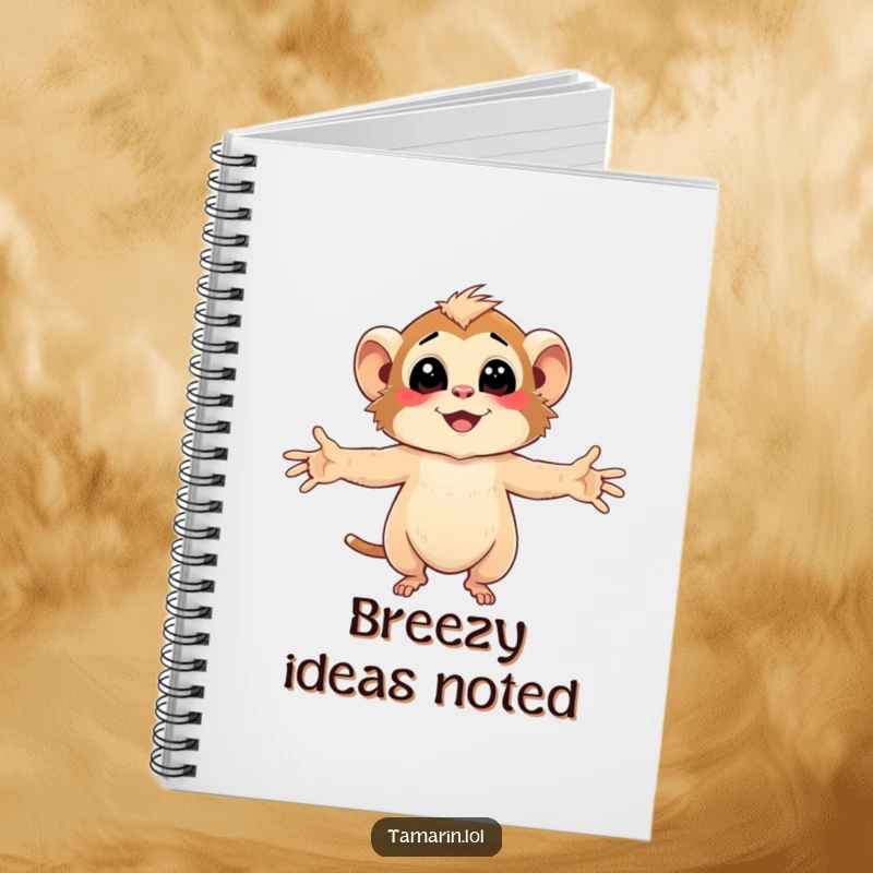 Funny Tamarin Notebook featuring character embracing the gentle, smiling breeze with arms wide open, perfect for notes.