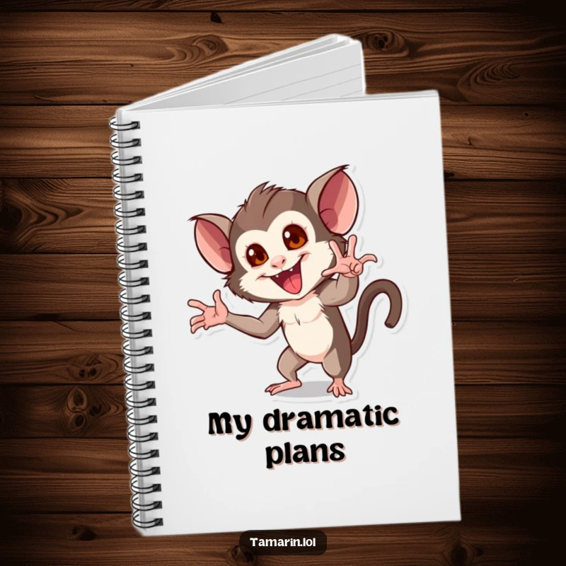 Funny notebook cover featuring a tamarin character striking a dramatic and flamboyant pose with theatrical flair.