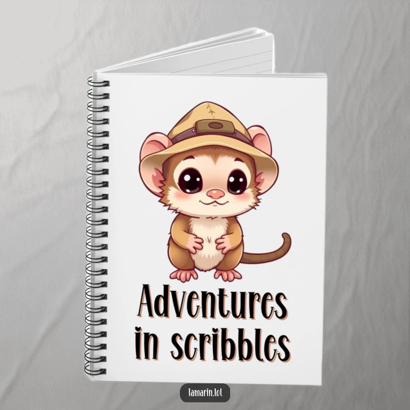 Funny tamarin notebook cover featuring a curious monkey in an explorer hat, ready for humorous note-taking and charting adventures.