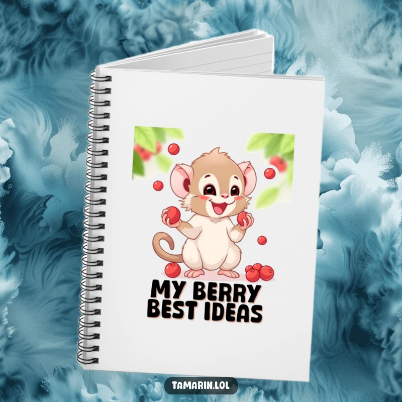 Funny notebook cover featuring a tamarin character happily juggling small, round berries with a look of pure amusement.