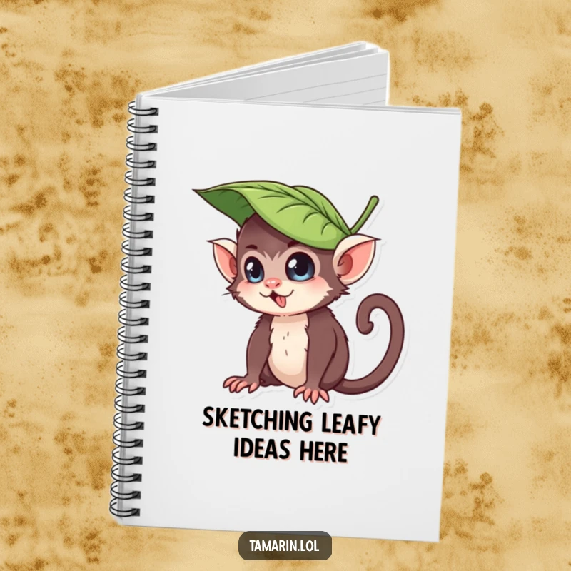 Funny notebook cover featuring a tamarin character wearing a leaf hat, with a playful and mischievous expression, symbolizing fun note-taking and creative ideas.