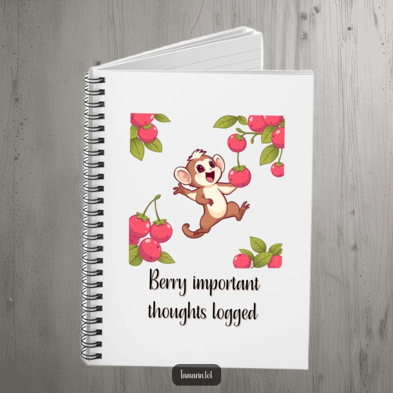 Funny notebook cover with a leaping tamarin character focused on catching a radiant berry, symbolizing energetic note-taking and creative bursts for humor.