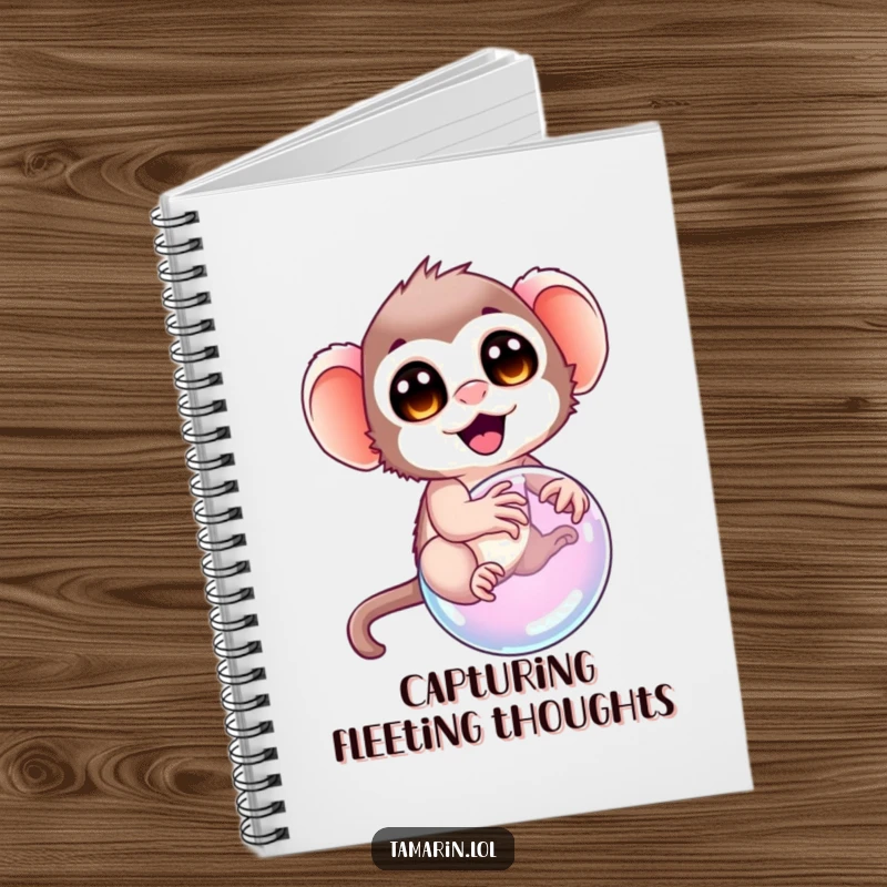 Funny tamarin notebook, featuring a tamarin with delighted eyes attempting to ride a bubble, ideal for jotting down whimsical thoughts and creative ideas.