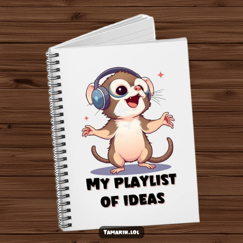 Funny tamarin notebook: a journal cover featuring a happy monkey wearing oversized headphones and dancing, perfect for capturing musical thoughts.