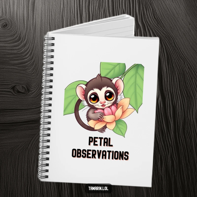 Funny Tamarin Notebook with a tamarin having wide, curious eyes exploring a large flower, perfect for capturing ideas.