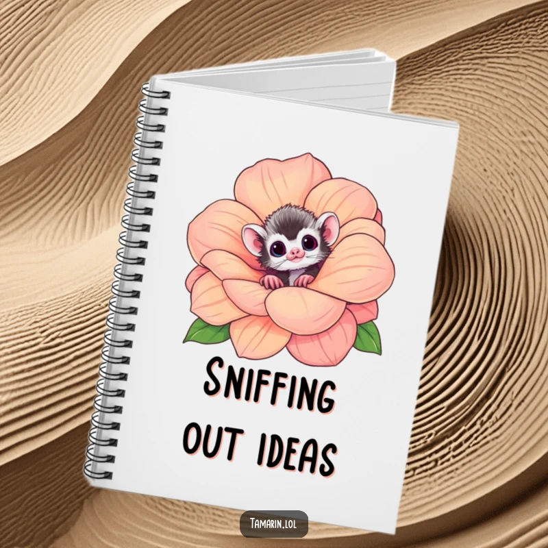 Funny tamarin notebook with a curious monkey peeking from a large flower, perfect for writing and sketching.