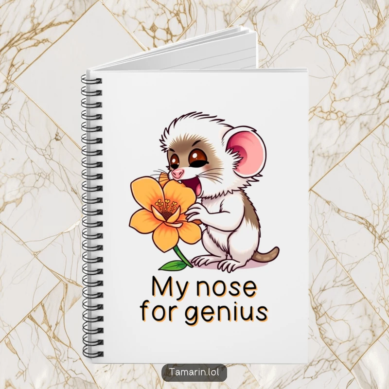 Funny tamarin monkey sniffing a large flower on a notebook cover, encouraging creative and nature-inspired writing.