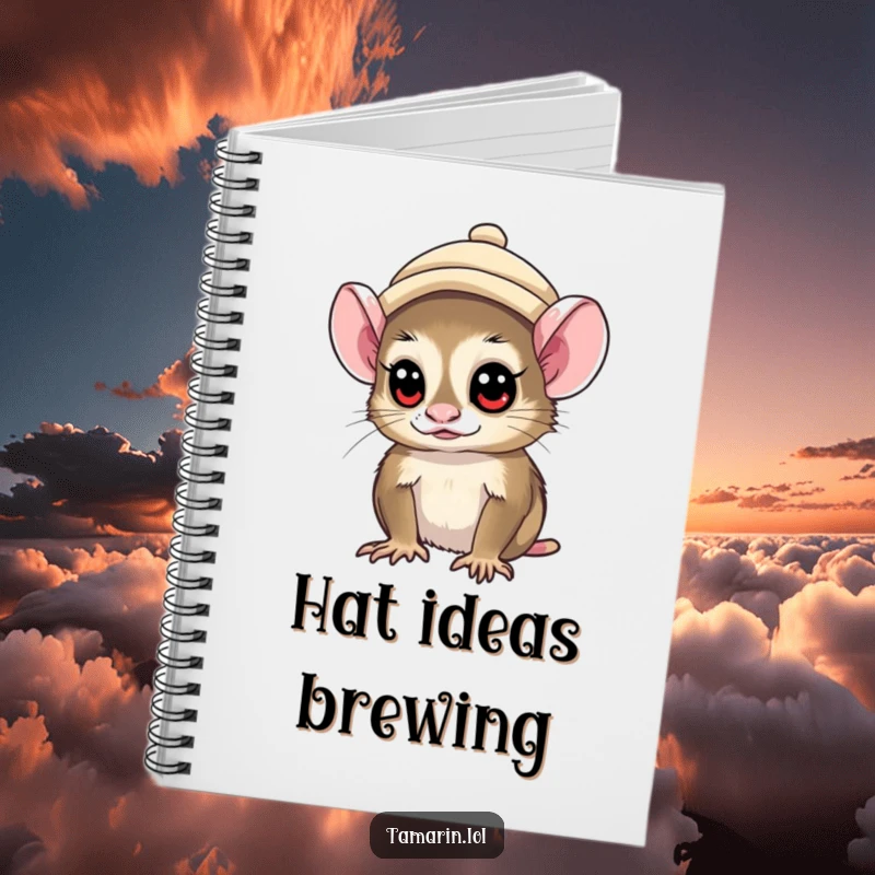 Funny tamarin monkey wearing a tiny hat, looking curiously, on a notebook cover, inspiring inquisitive thoughts.