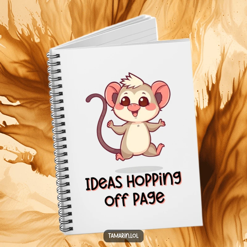Funny notebook with a tamarin character mid-hop with its tail up, designed for capturing cheerful thoughts and creative ideas.