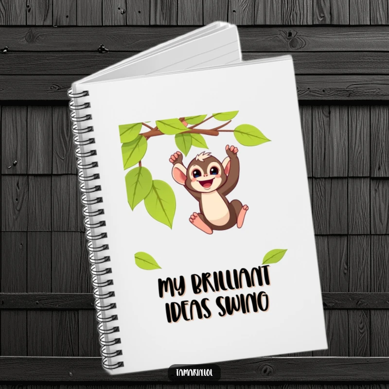 Funny tamarin monkey notebook featuring a primate swinging from a vine, ideal for jotting down notes with a smile.