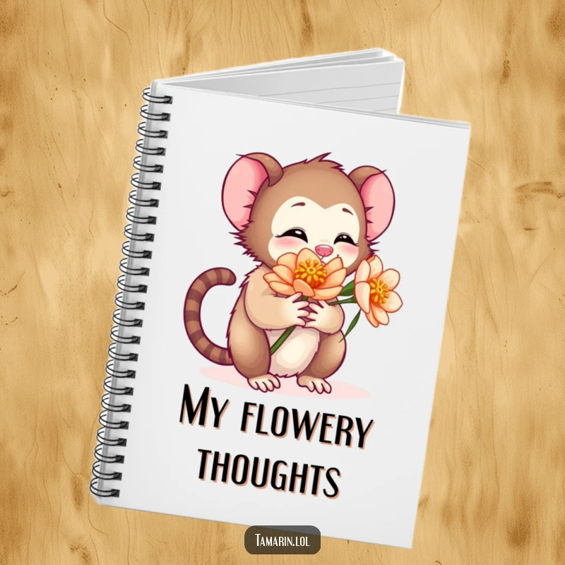 Funny notebook cover with a tamarin character giving a warm hug to a flower, ideal for jotting down notes or observations.