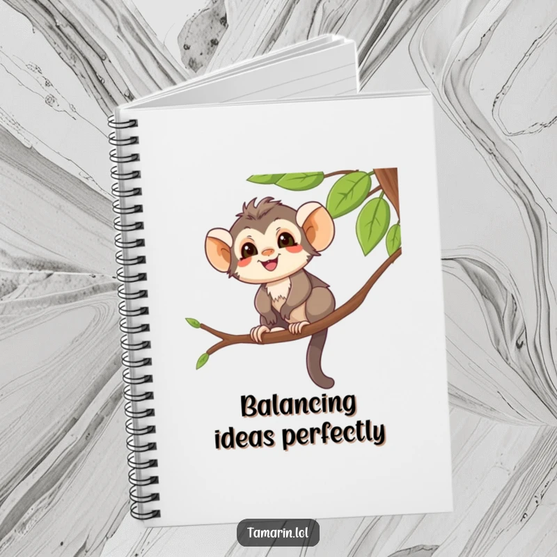 Funny Notebook with a smiling tamarin character balancing on a tree branch, ideal for journaling with playful balance.