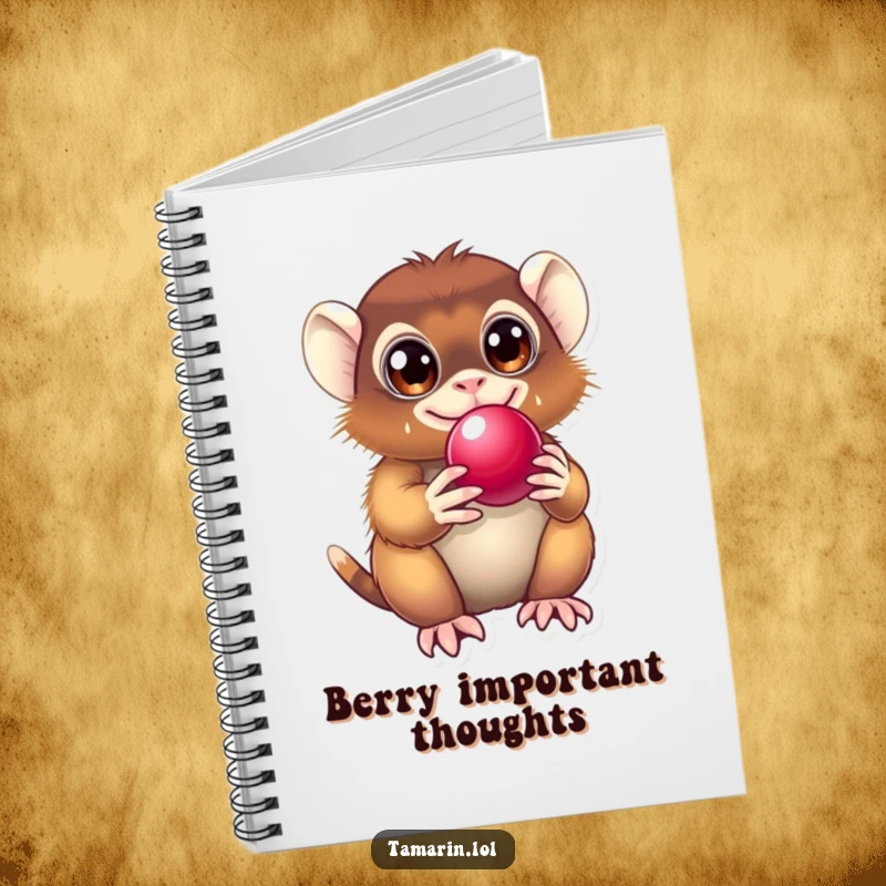 Funny Tamarin Notebook with a delighted primate holding a shiny berry, ideal for jotting down thoughts with humor.