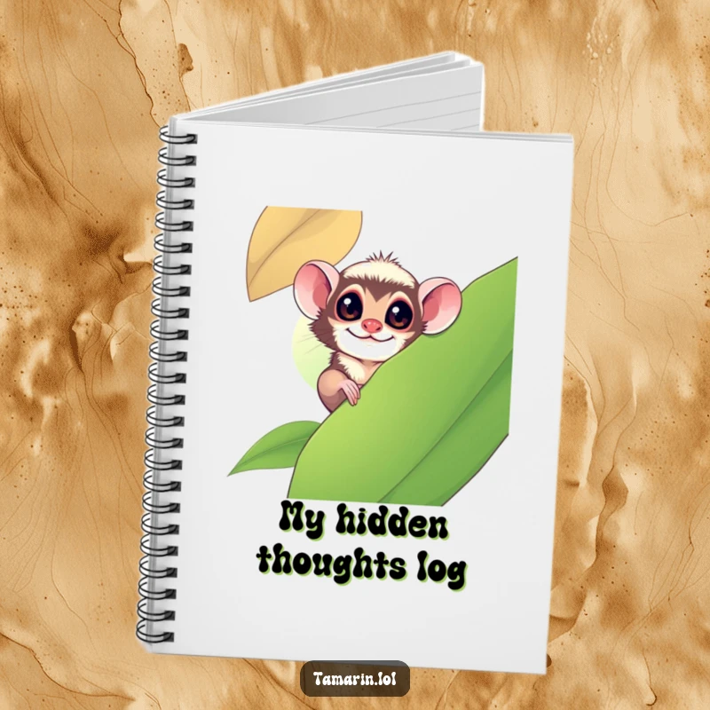 Funny tamarin monkey playfully peeking from behind a large leaf on a notebook cover, inspiring creative and playful writing.