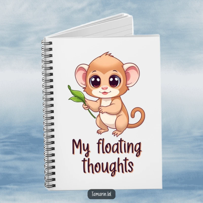 Funny notebook cover featuring a tamarin with wide, curious eyes reaching for a delicate floating leaf.
