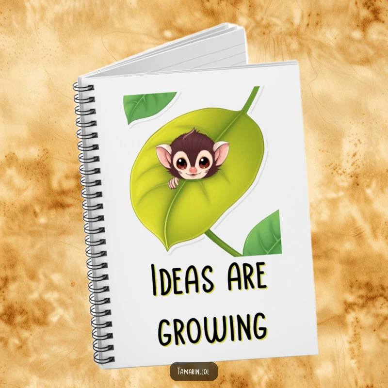Funny tamarin notebook cover with a cute monkey peeking from a leafy background, ideal for note-taking.