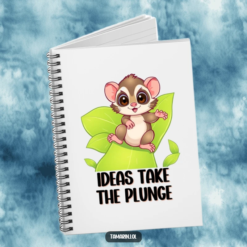 Funny tamarin notebook, featuring a tamarin with excited eyes sliding down a leafy green slide, ideal for jotting down adventurous ideas and plans.