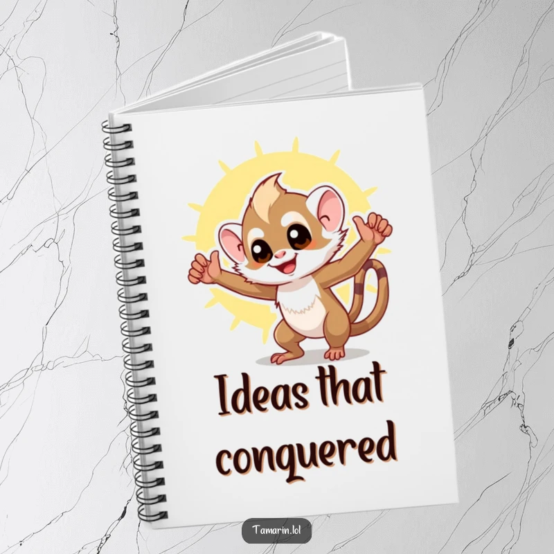 Funny tamarin notebook featuring a triumphant monkey in a celebratory pose, perfect for jotting down notes with a dose of humor and sunny vibes.