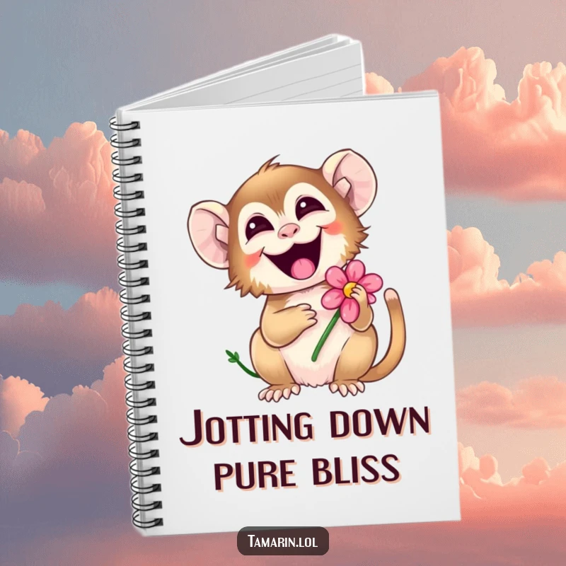 Funny tamarin notebook featuring a happy monkey giggling and holding a flower, perfect for journaling and creative writing.