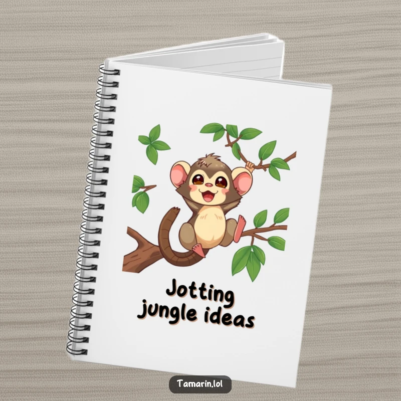 Funny Tamarin Notebook with a lively tamarin swinging dynamically, perfect for capturing energetic thoughts and ideas.