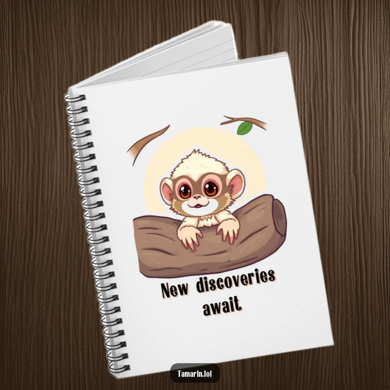 Funny notebook cover with a curious tamarin monkey peeking out from a log, encouraging creativity and exploration.