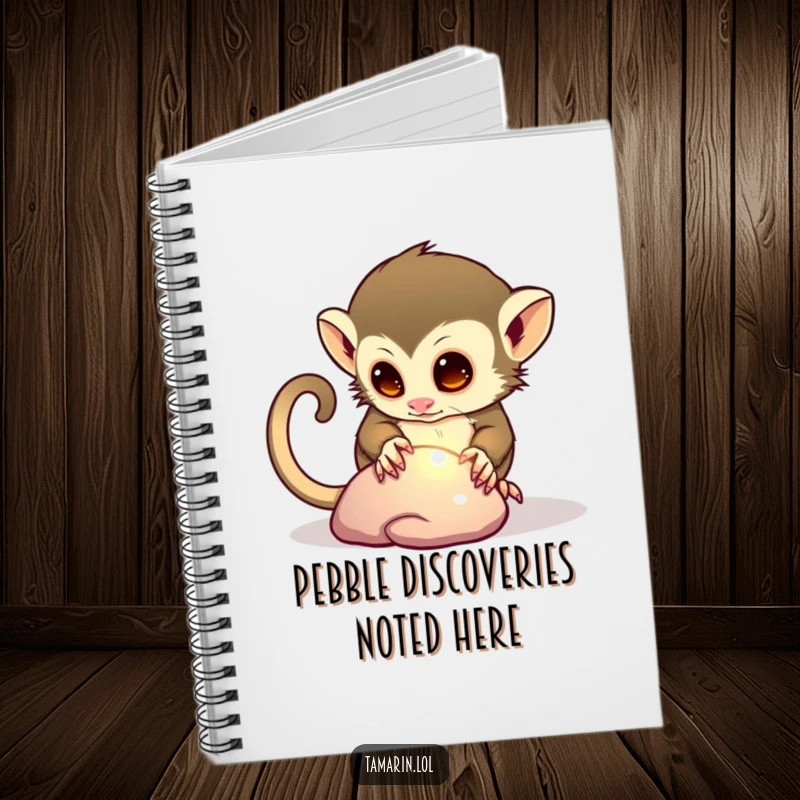 Funny notebook with a curious tamarin character intently examining a shiny pebble, designed for capturing humorous and creative notes.