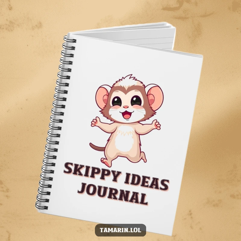 Funny tamarin notebook depicting a happy tamarin character doing a joyful skip, inspiring energetic and humorous entries.