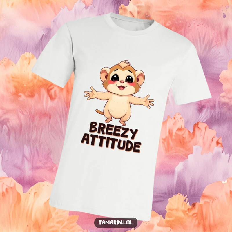 Funny Tamarin T-Shirt featuring character embracing the gentle, smiling breeze with arms wide open, feeling free.